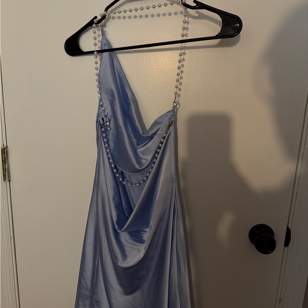 Elegant Blue Satin Dress with Pearl Straps